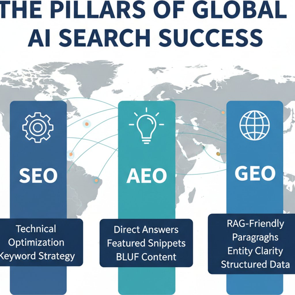 Infographic detailing the pillars of global AI search success, including SEO, AEO, and GEO strategies for international reach.
