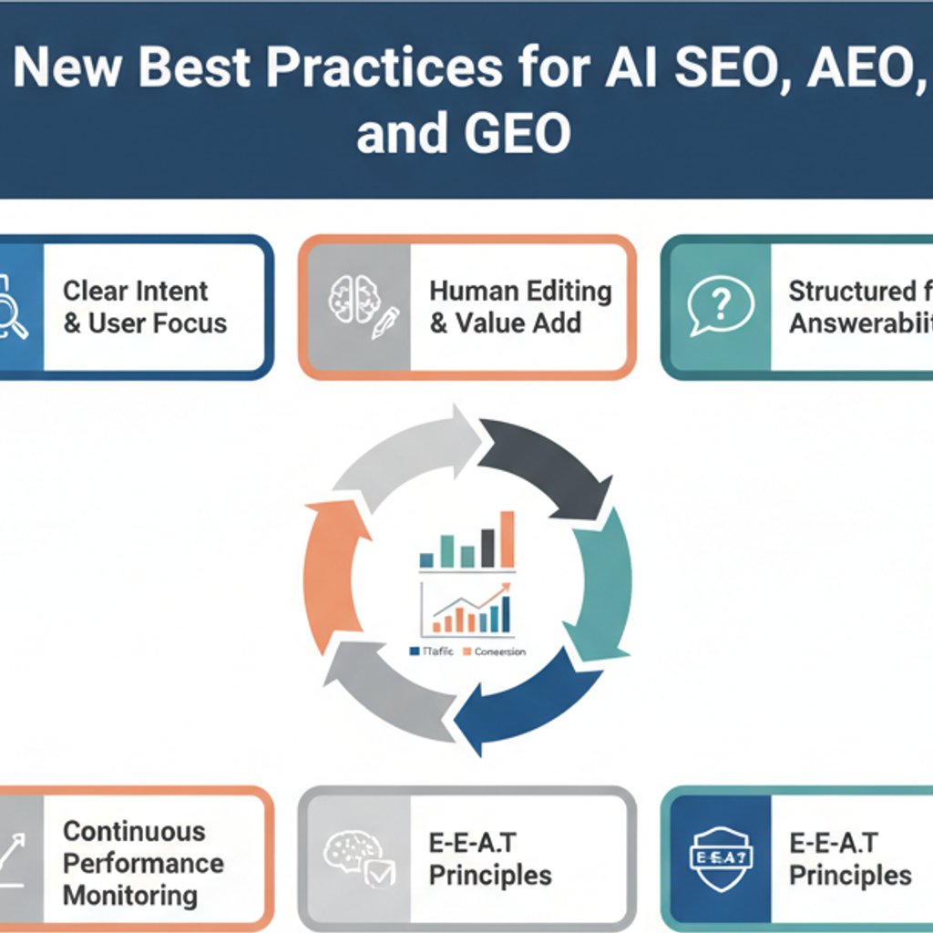 Infographic outlining new best practices for AI SEO, AEO, and GEO, emphasizing human oversight and data-driven content strategy.