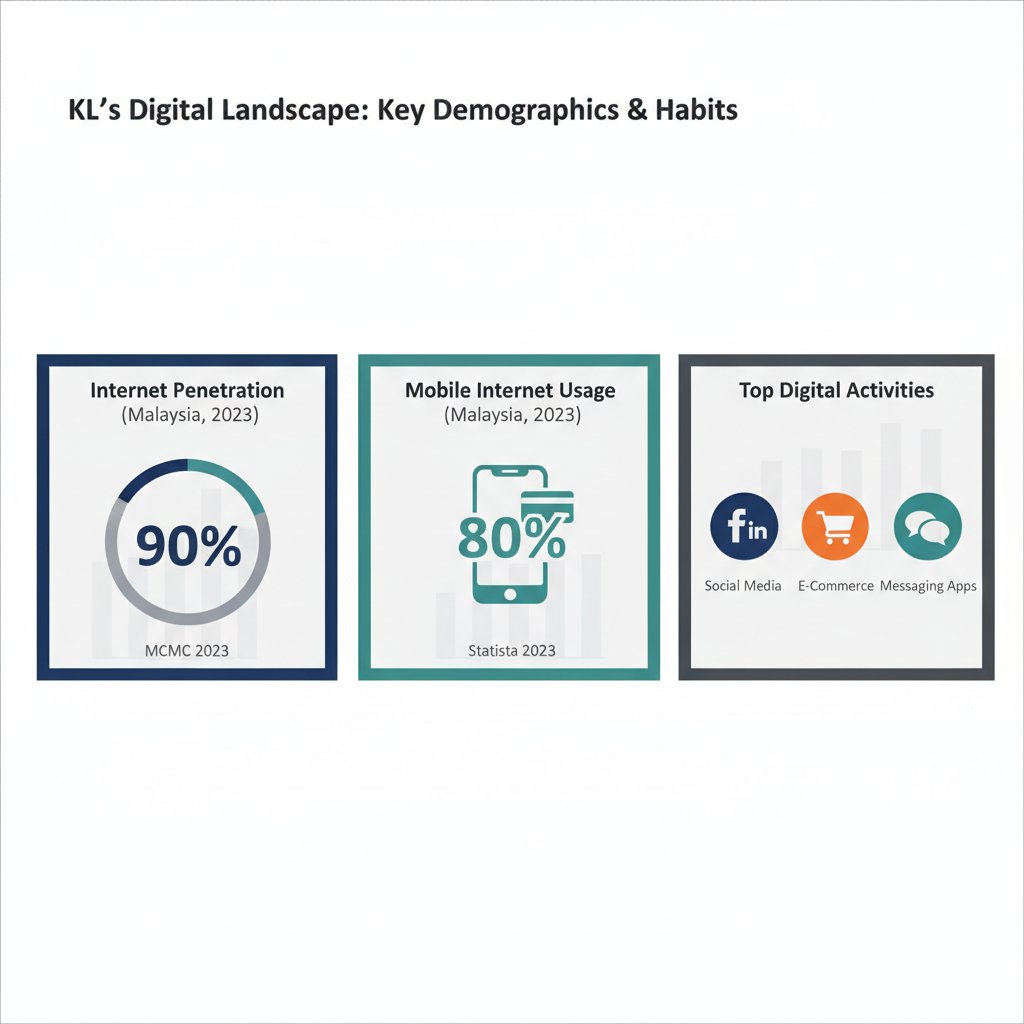 Infographic detailing Kuala Lumpur's digital landscape, including internet penetration, mobile usage, and top online activities relevant to Web Design KL