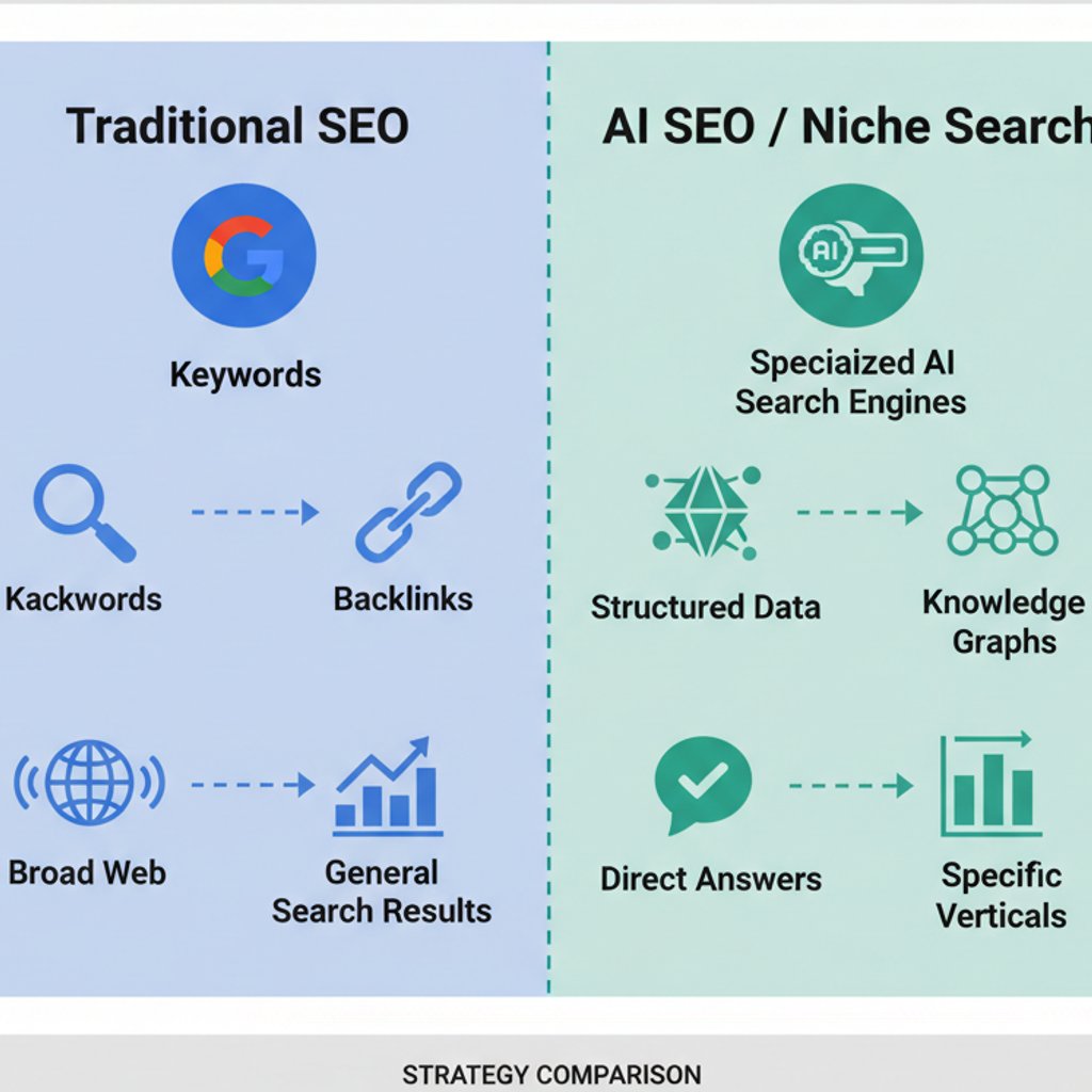 Infographic comparing traditional SEO with AI SEO for niche search engines, highlighting differences in optimization strategies.