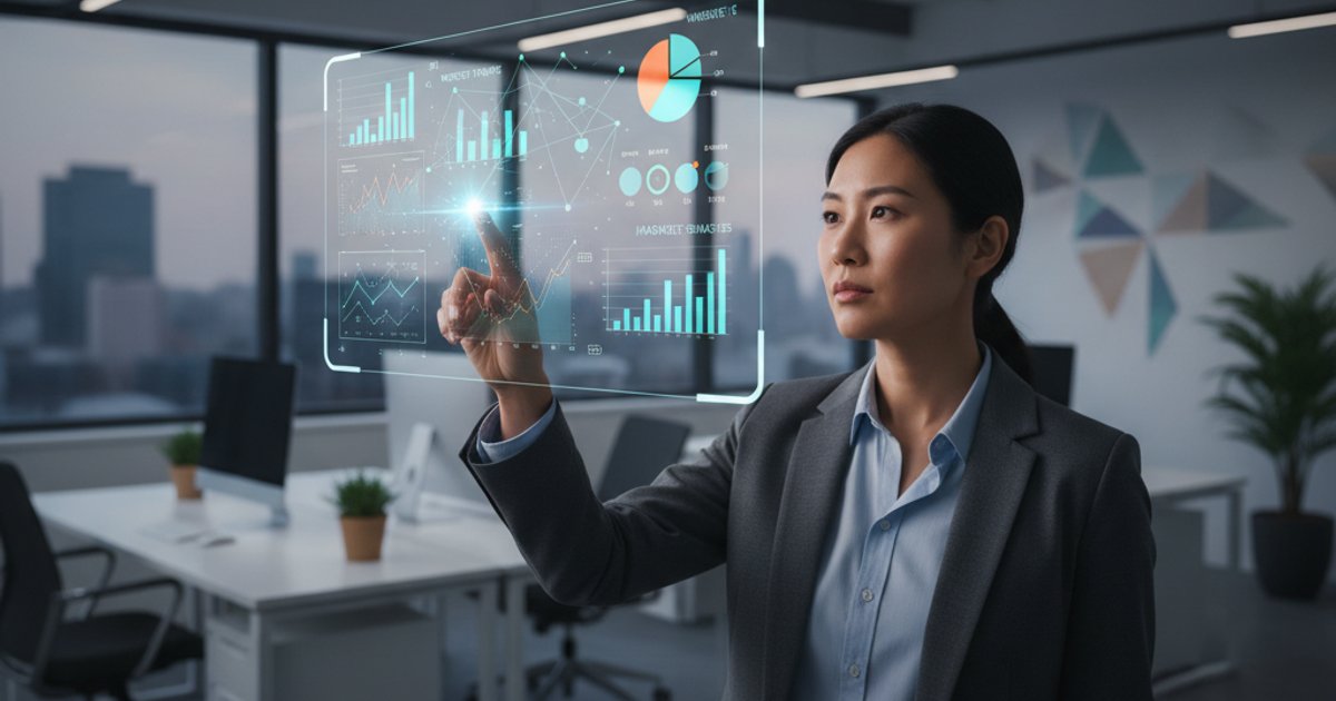 Business professional analyzing corporate website ROI data on a holographic display