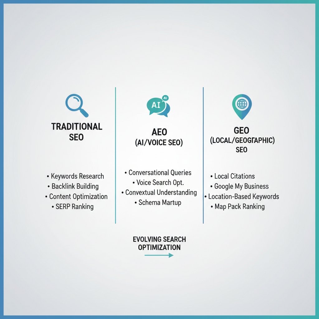 Infographic comparing SEO, AEO, and GEO strategies for smart home AI optimization