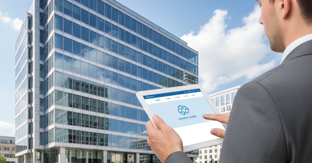 Modern corporate building and a person viewing a timeless corporate web design on a tablet, symbolizing digital legacy.