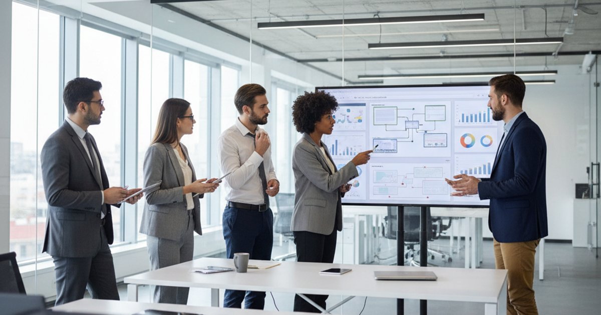 Business team collaborating on corporate web design strategy for growth