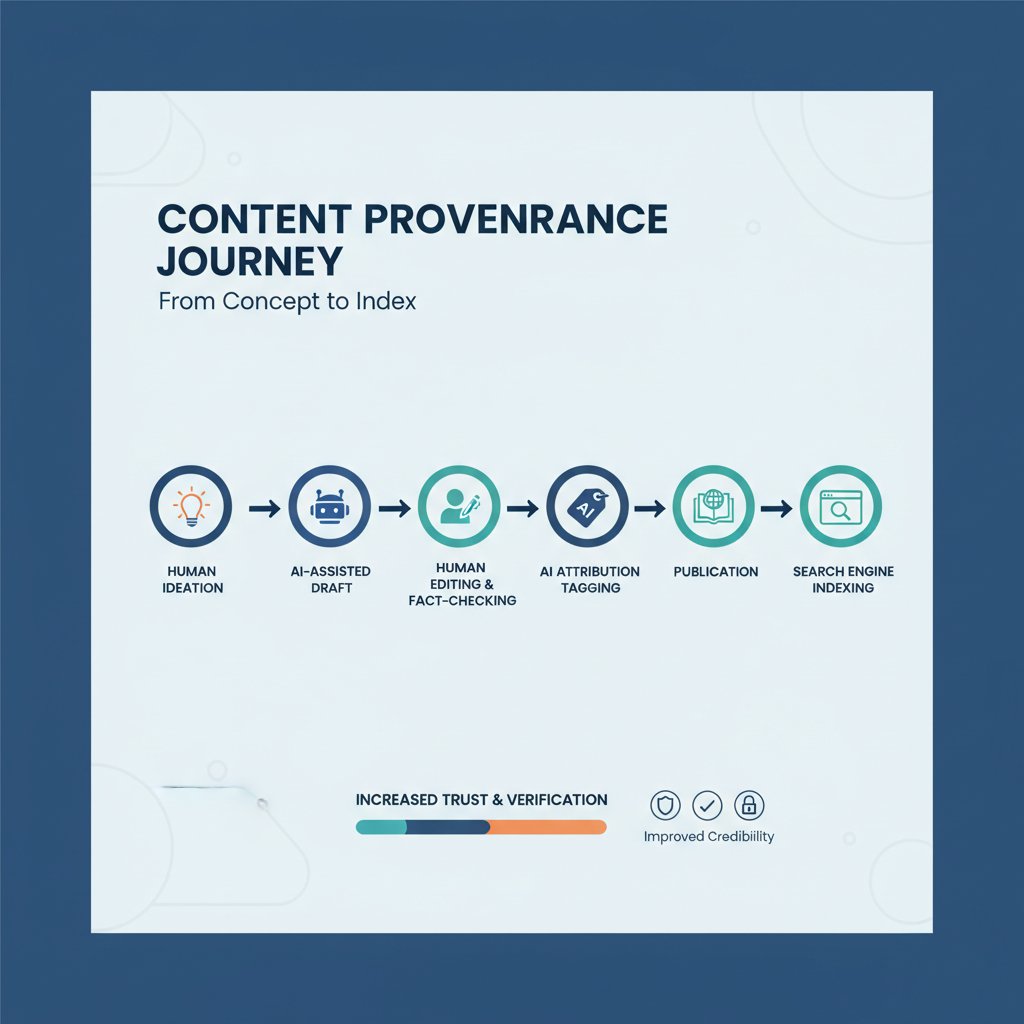 Infographic showing the content provenance journey for AI SEO, AEO, and GEO in a regulated environment