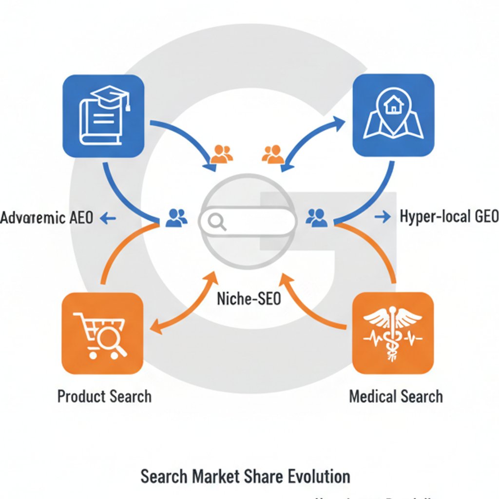 Infographic depicting the multi-search era with Google and various niche AI search engines, emphasizing fragmented search and the need for AI SEO, AEO, and GEO.