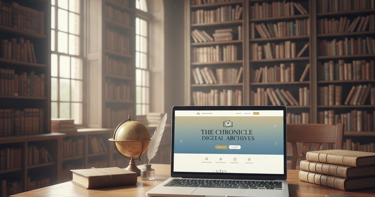 A corporate website displayed on a laptop in a historic library, representing a digital legacy and living archive.