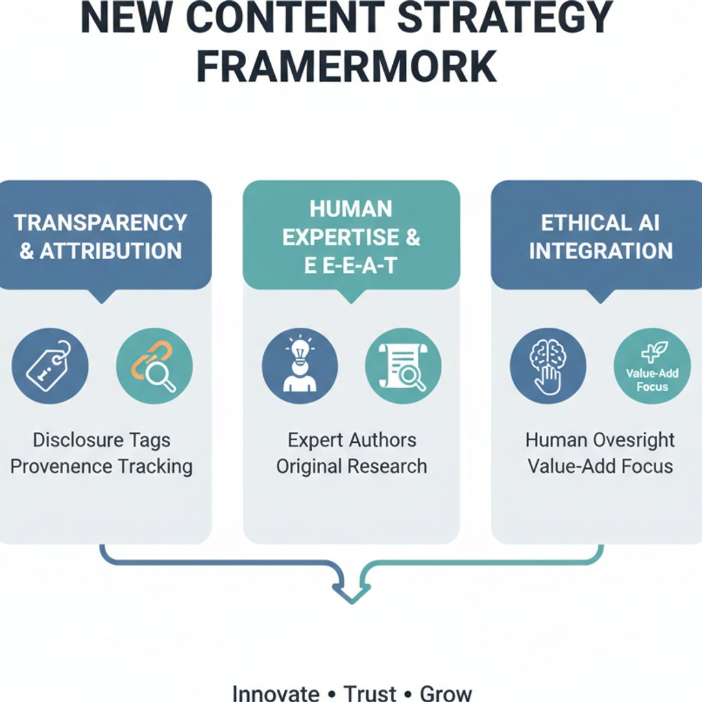 Infographic on new content strategy framework for SEO, AEO, and GEO focusing on transparency and human expertise