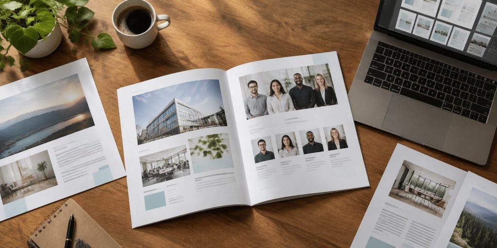 Printed company profile booklet open to team and project pages on a designer desk
