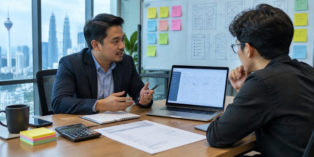 Business owner and software developer reviewing a web application plan in a Kuala Lumpur office
