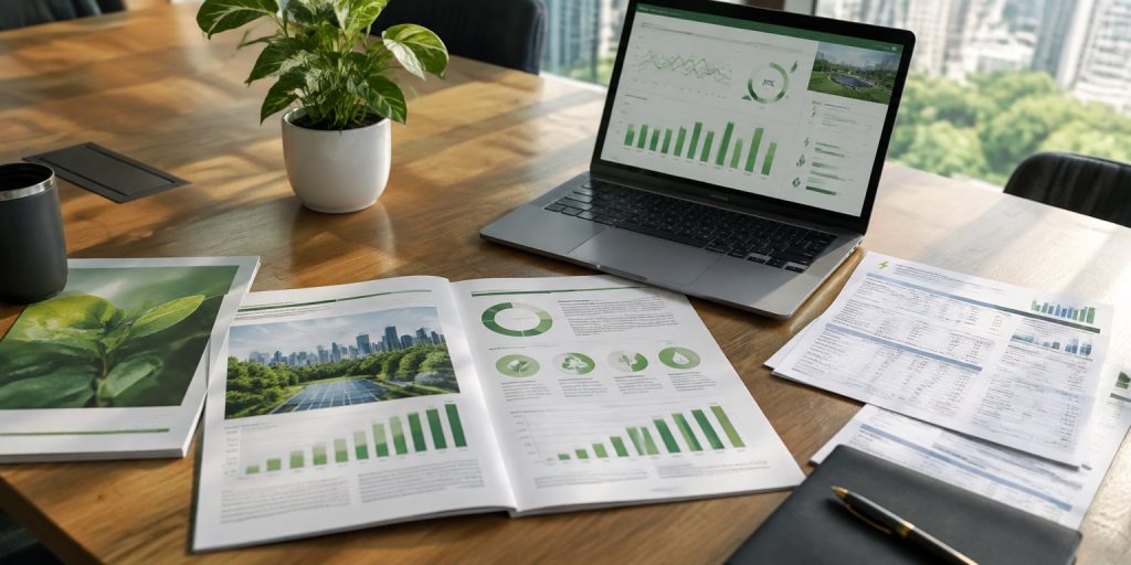 Printed sustainability report with charts next to a laptop showing an energy dashboard