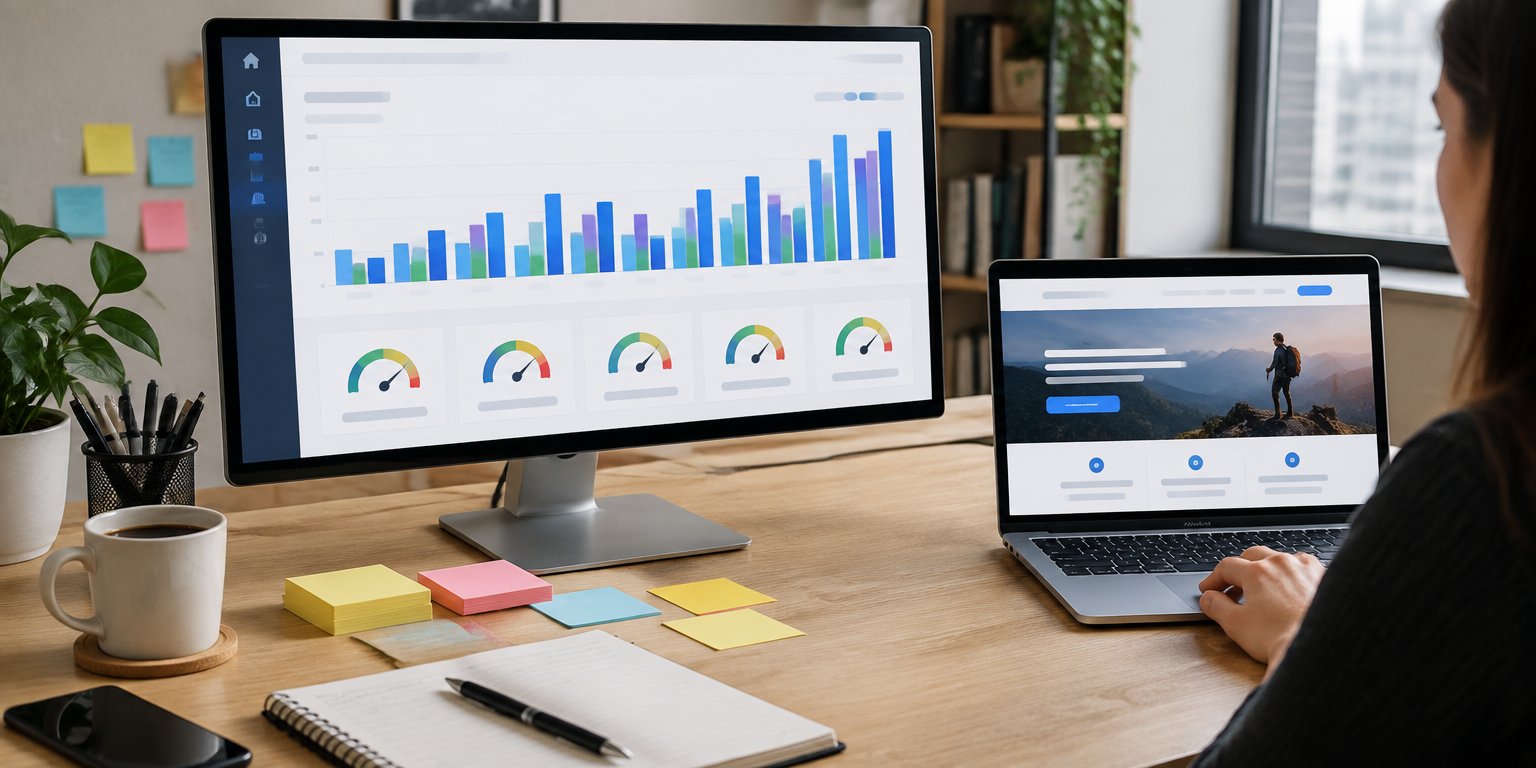 Monitor showing an advertising dashboard with charts and score gauges beside a laptop landing page