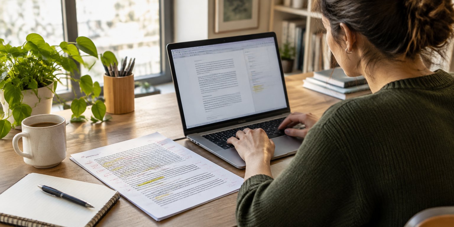 Writer editing an article on a laptop beside a printed draft with handwritten corrections