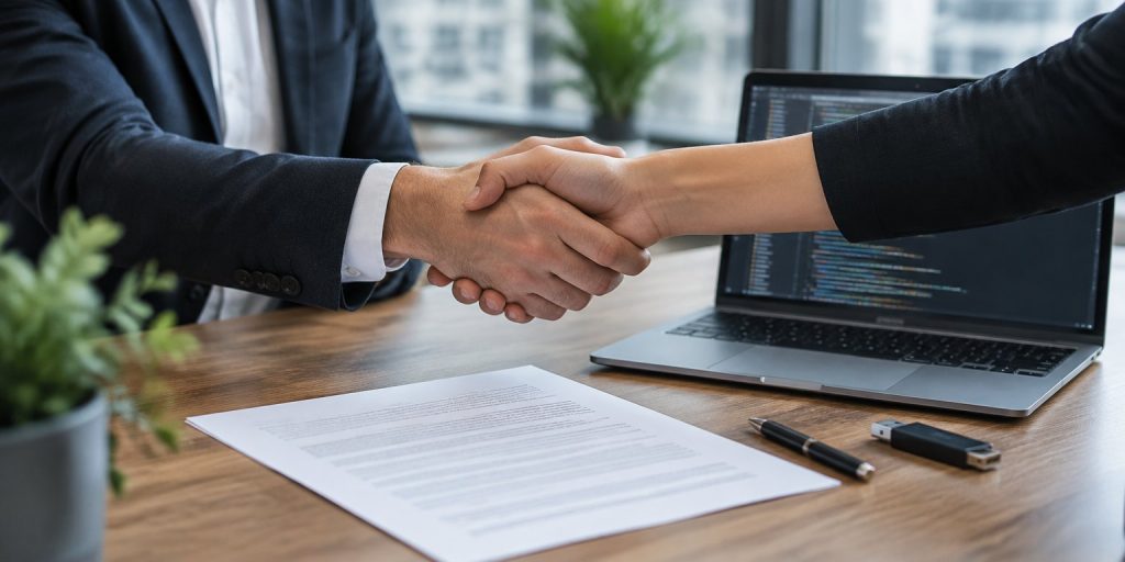Handshake over a signed contract next to a laptop showing source code