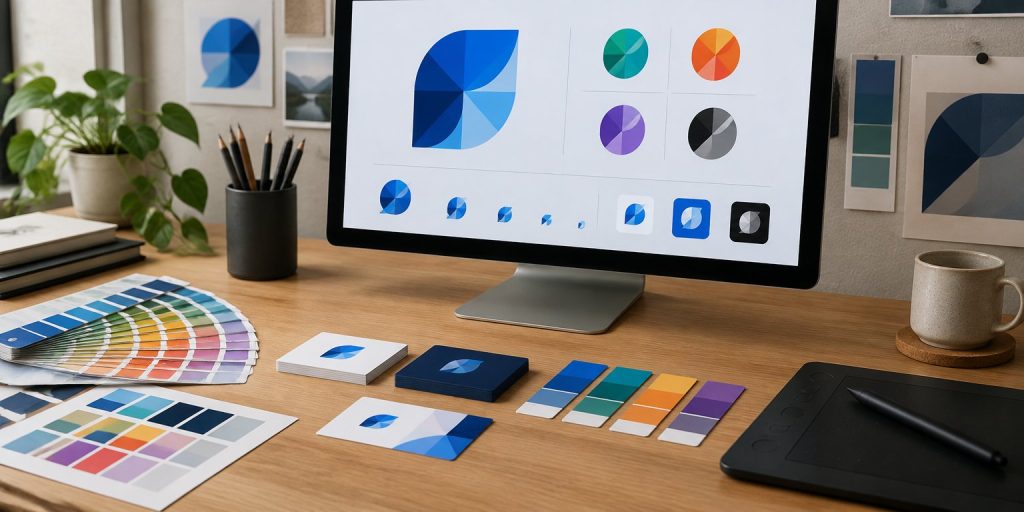 Designer desk with logo colour versions on a monitor, colour swatches and business cards