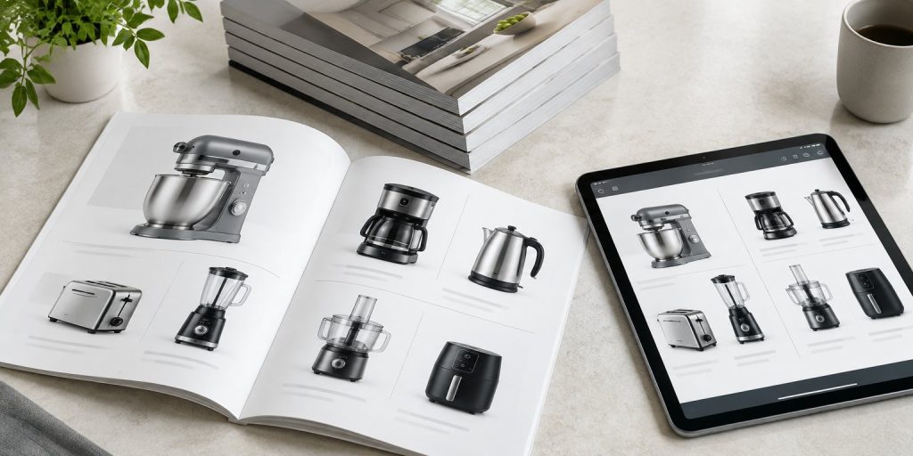 Printed product catalogue beside a tablet showing the same catalogue as a PDF