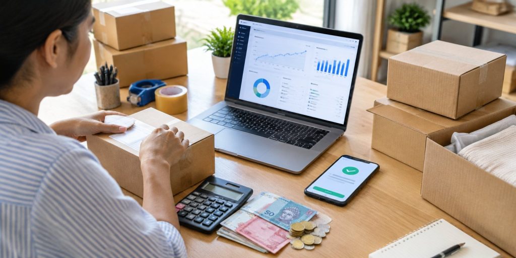 Online store owner packing orders next to a laptop sales dashboard, calculator and ringgit notes