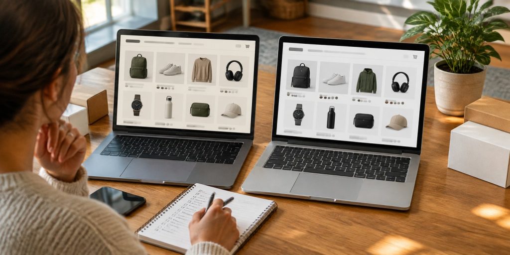 Two laptops showing two online store layouts side by side for comparison