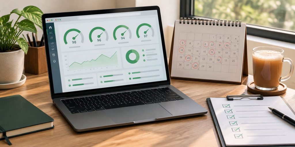 Laptop showing website speed scores beside a calendar and maintenance checklist